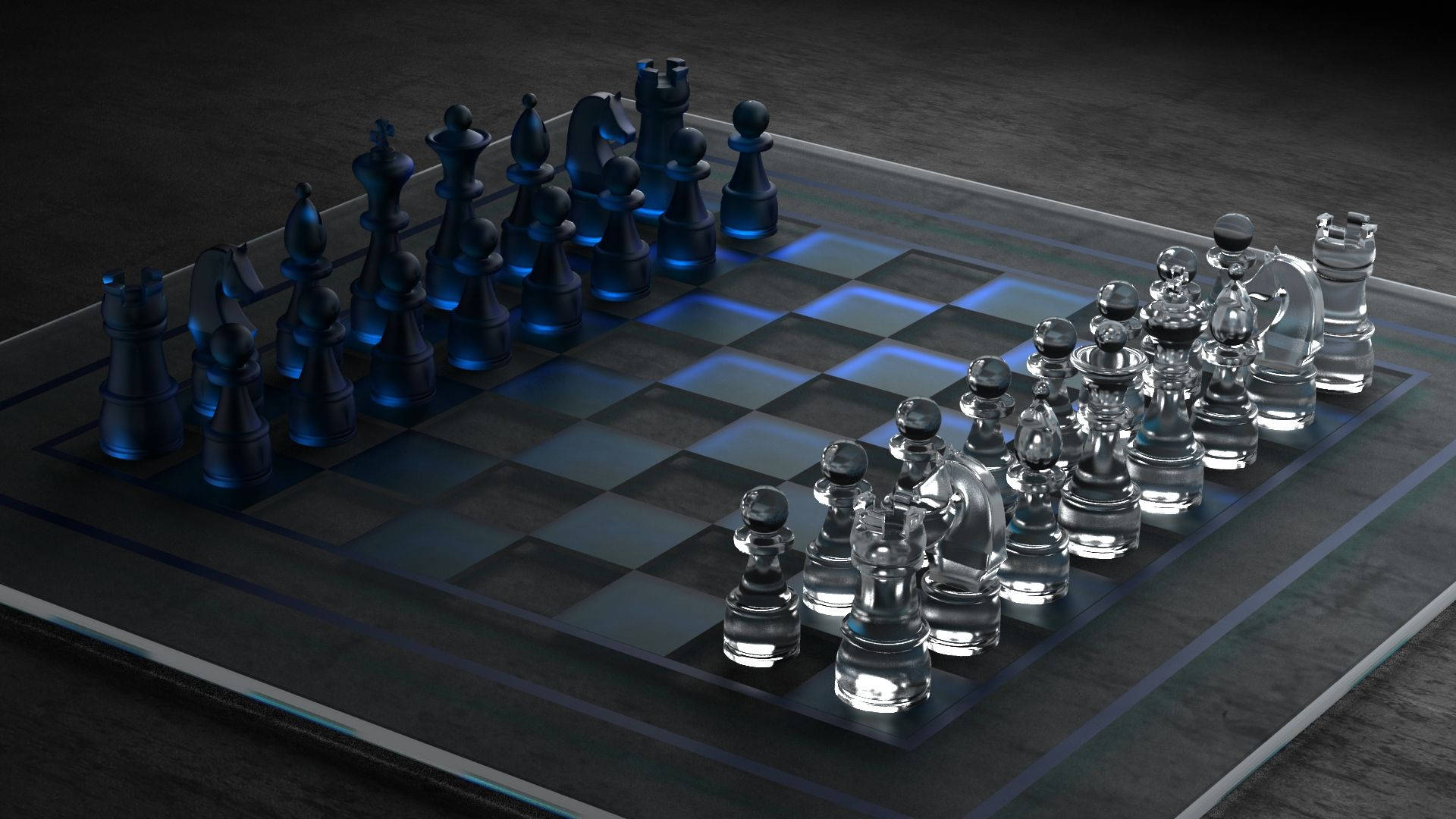 3D 桌布 壁紙 — 一個未來風格的國際象棋套裝，包含藍色半透明棋子和透明玻璃棋子，放置在昏暗燈光下發光的棋盤上。