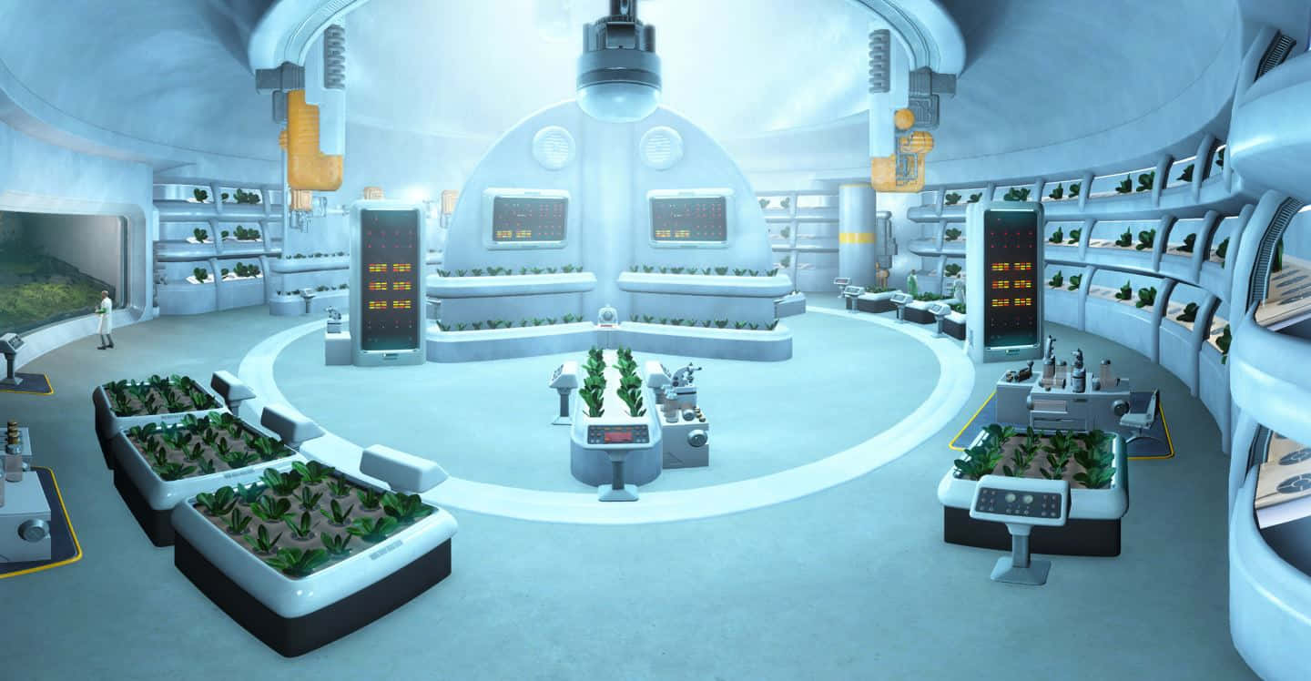 Fallout 4 Institute 桌布 壁紙 — 一個未來風格的圓形溫室，帶有發光面板和茂盛的綠色植物，在明亮的人造光下。