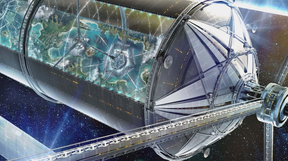 Space Colonization 桌布 壁紙 — 一個未來風格的太空站，透明圓頂下方顯露出一個茂盛的外星行星，背景是繁星點點的宇宙。