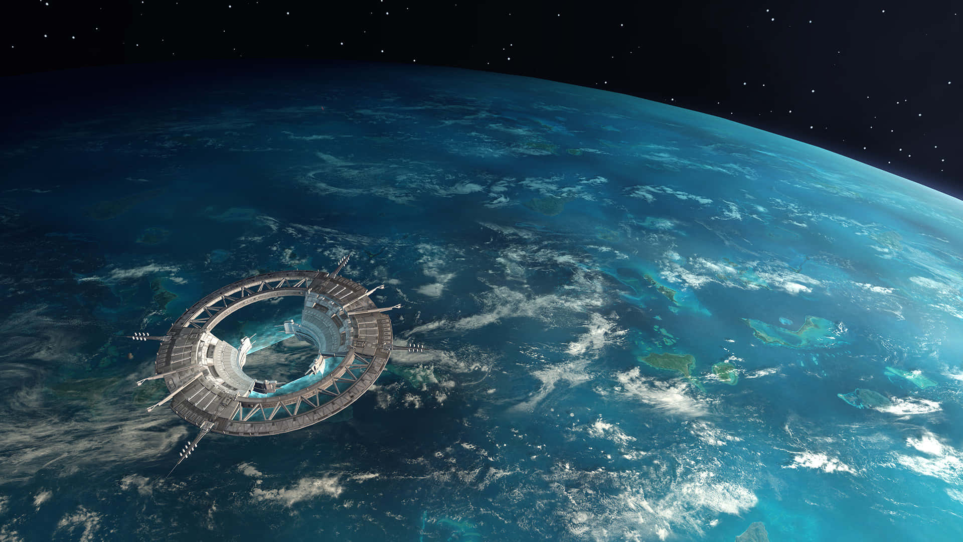 Scarif 桌布 壁紙 — 一個未來風格的太空站繞地球運行，展現藍色海洋、白色雲朵和繁星點點的黑色天空。