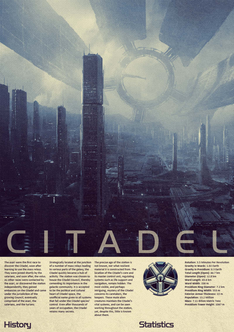 The Citadel 桌布 壁紙 — 一個未來風格的太空站聳立在風暴天空下廣闊的城市景觀之上，並有粗體文字寫著 CITADEL。