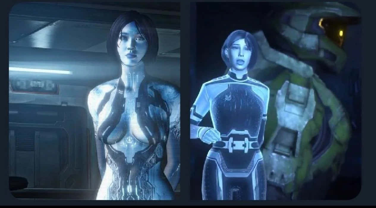 Halo Cortana 桌布 壁紙 — 一個未來風格的女性角色穿著發光藍色盔甲，站在一個戴面具的士兵旁邊，身處昏暗的科幻走廊中。