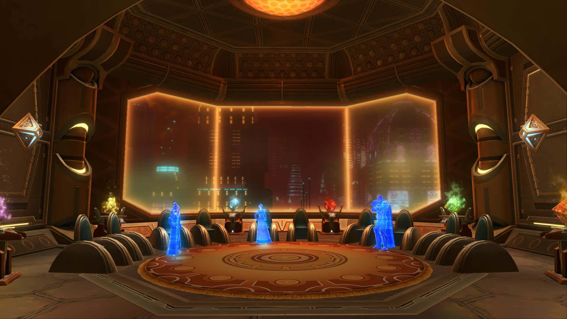 Jedi Council 桌布 壁紙 — 一個未來風格的指揮室，發光的藍色全息人物圍坐在圓形圖案地板周圍，面向一扇巨大的窗戶，窗外展現出霓虹閃爍的夜景城市。