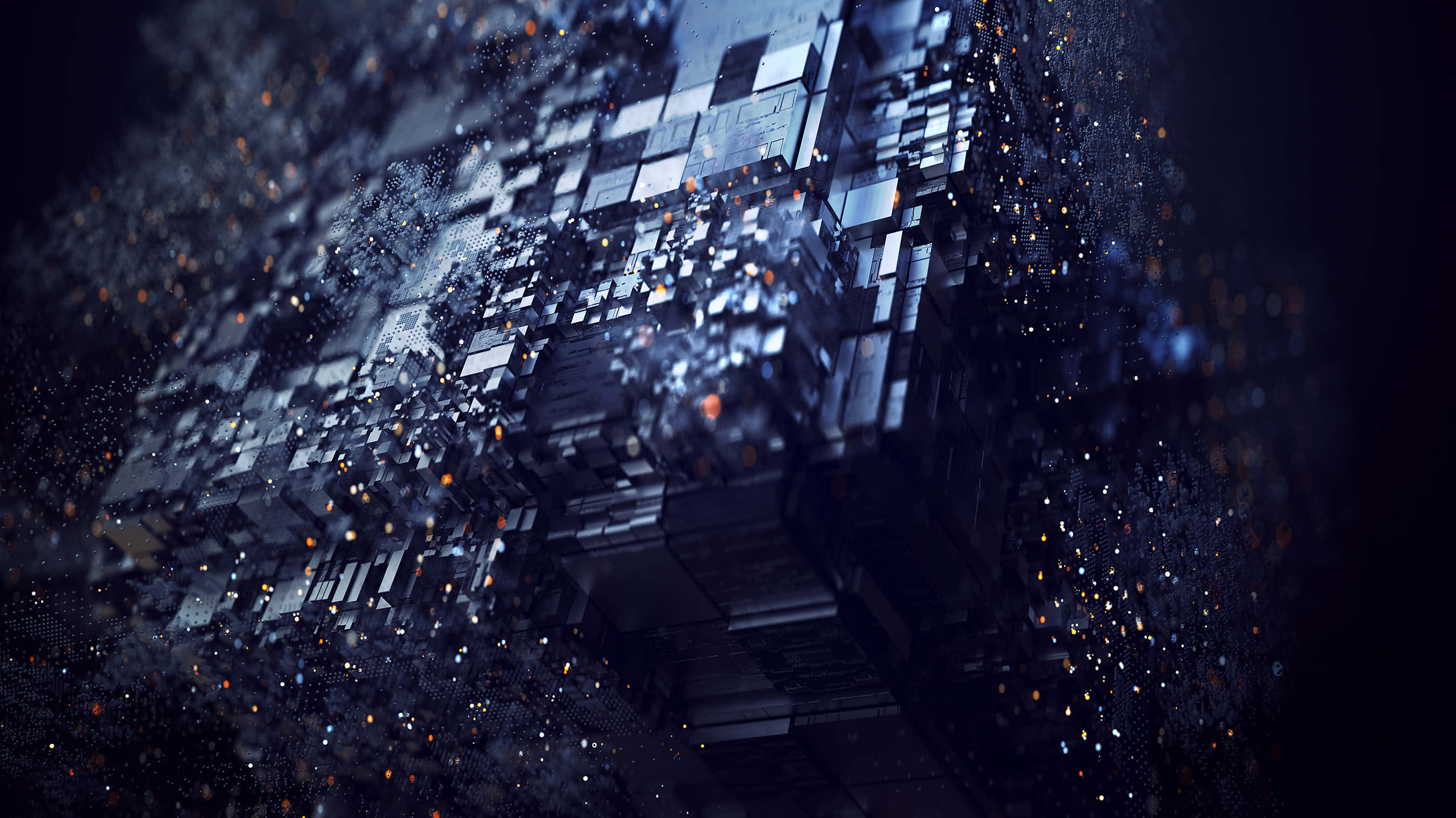 3d Abstract 桌布 壁紙 — 一個未來風格的數位立方體在黑暗的宇宙背景下碎裂成發光的粒子。