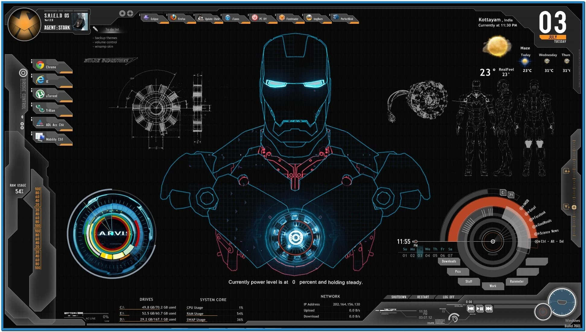Iron Man Technology 桌布 壁紙 — 一個未來風格的數碼介面在黑色背景上顯示發光的藍色和紅色鐵甲奇俠戰衣示意圖，附有系統統計數據和天氣資料。