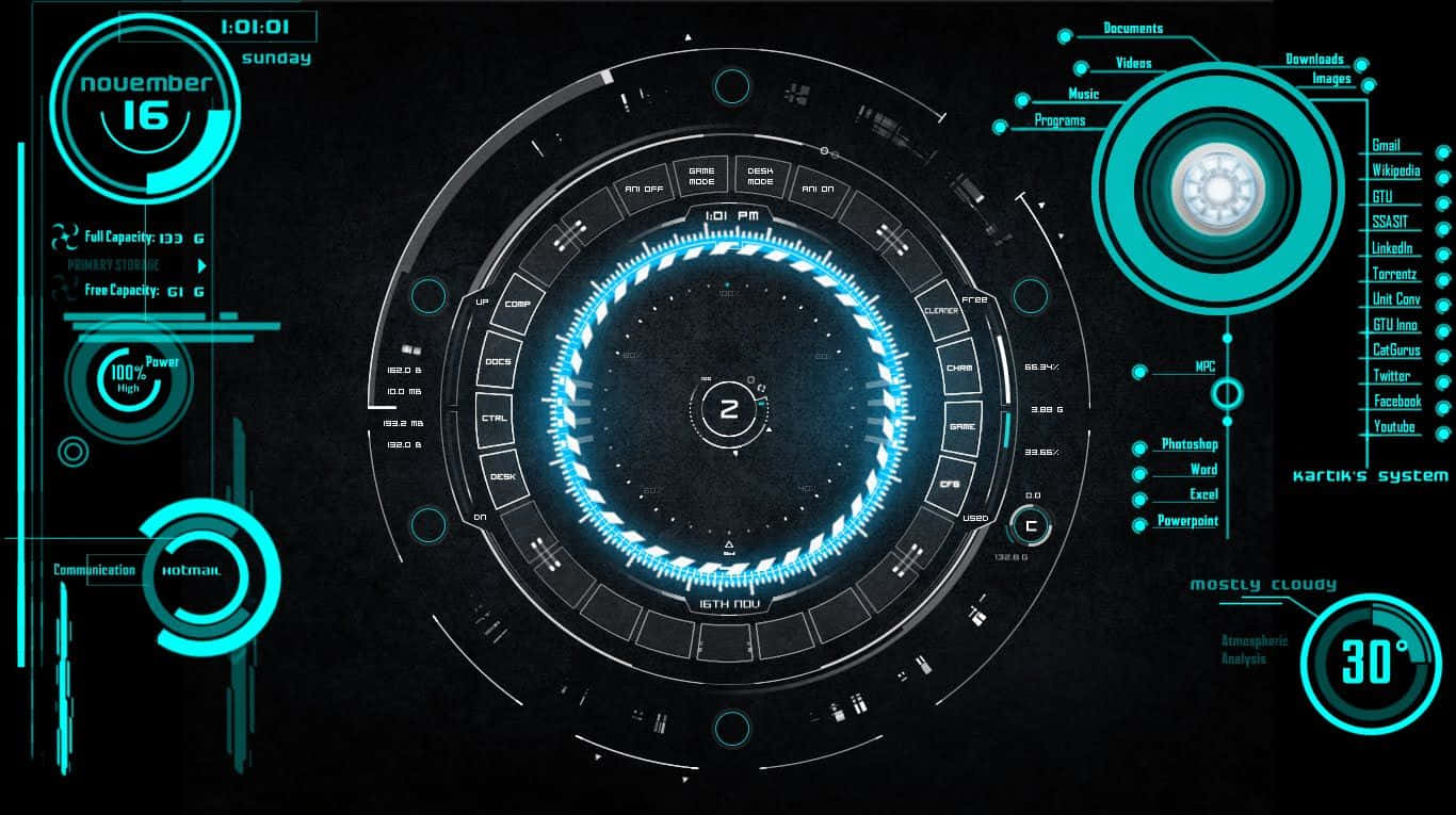 Iron Man Technology 桌布 壁紙 — 一個未來風格的數碼儀表板，帶有發光的青綠色全息界面，在黑色背景上顯示系統統計數據和天氣。