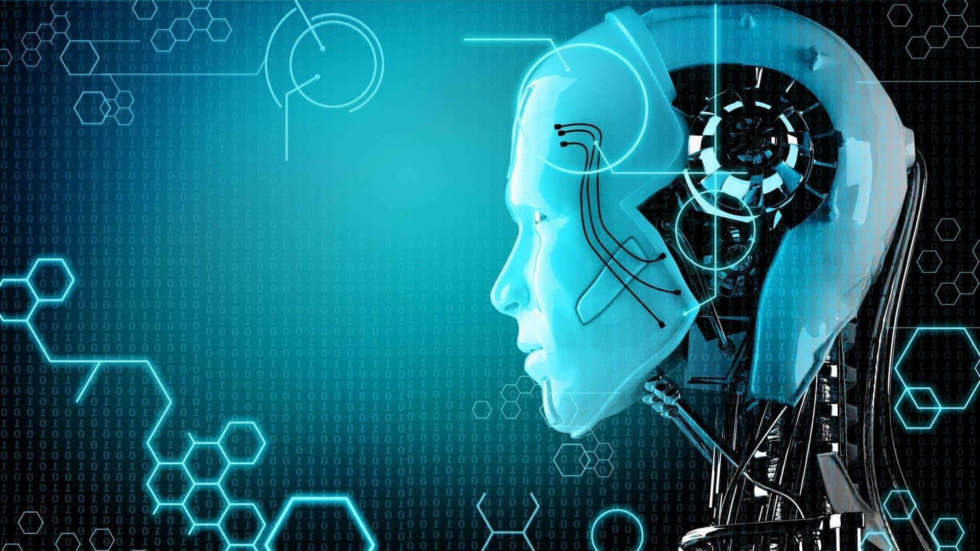 AI 桌布 壁紙 — 一個未來風格的機械人頭部側面，帶有發光藍色電路和六邊形數據圖案，背景為數位風格。
