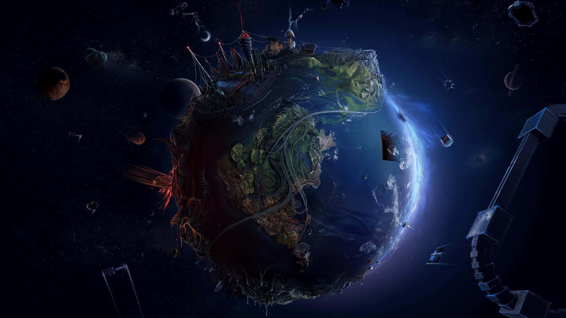 3d Earth 桌布 壁紙 — 一個未來風格的浮動星球，擁有發光的城市和軌道飛船，背景是繁星點點的宇宙。