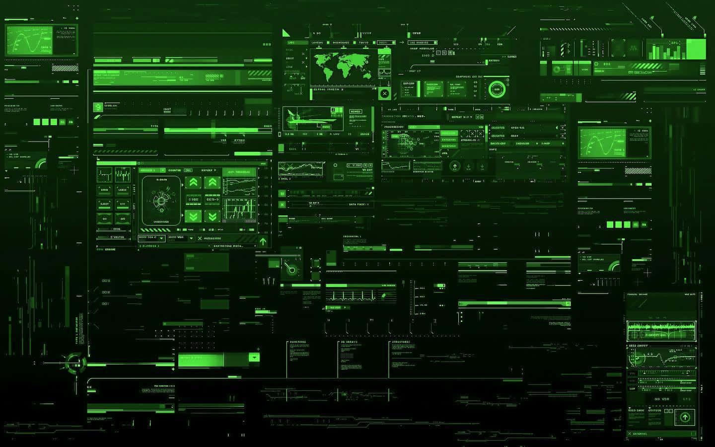 Green Technology 桌布 壁紙 — 一個未來風格的綠色數碼儀表板，充滿發光的圖表、地圖和數據流，背景為黑色。