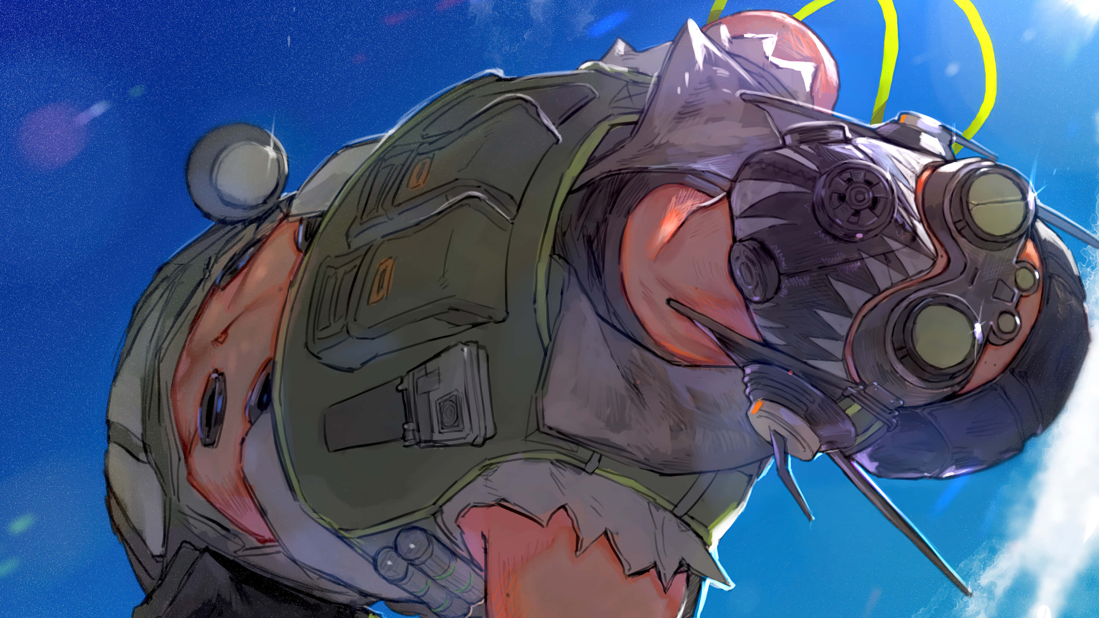 Apex Legends Characters 桌布 壁紙 — 一個未來風格的裝甲戰士，戴著發光護目鏡和鋒利尖刺，站在充滿浮游粒子的鮮豔藍天下。