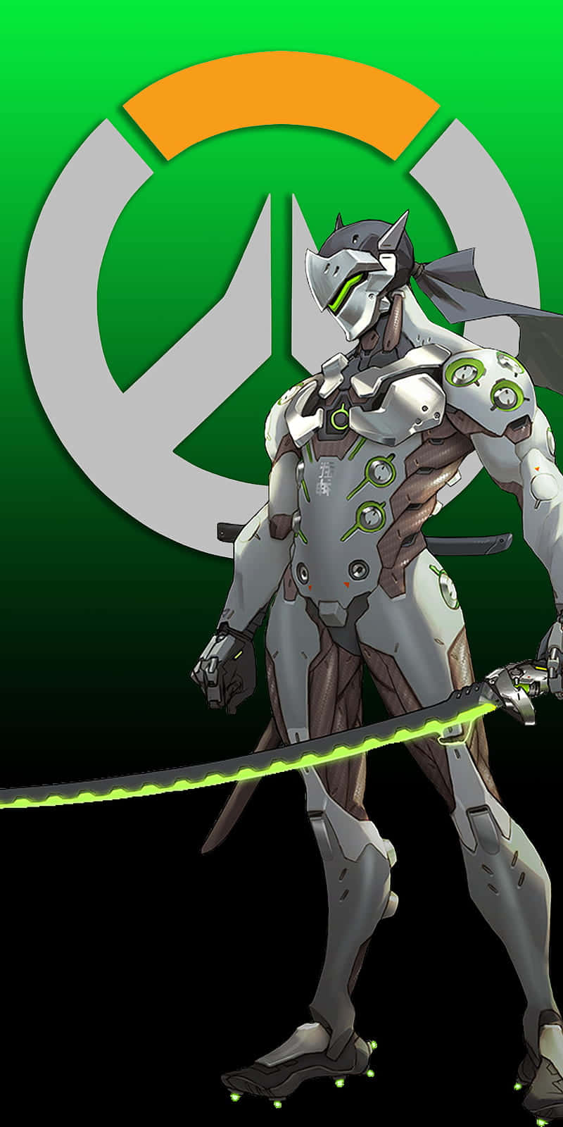 Overwatch Genji 桌布 壁紙 — 一個未來風格的裝甲戰士，手持發光綠色劍，站在大型Overwatch標誌前，背景為綠色漸變。