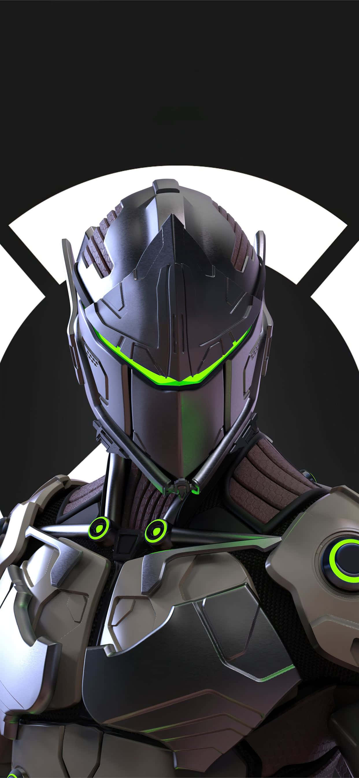 Overwatch Genji 桌布 壁紙 — 一個未來風格的裝甲戰士，擁有發光的綠色眼睛和機械細節，站在鮮明的黑白背景前。