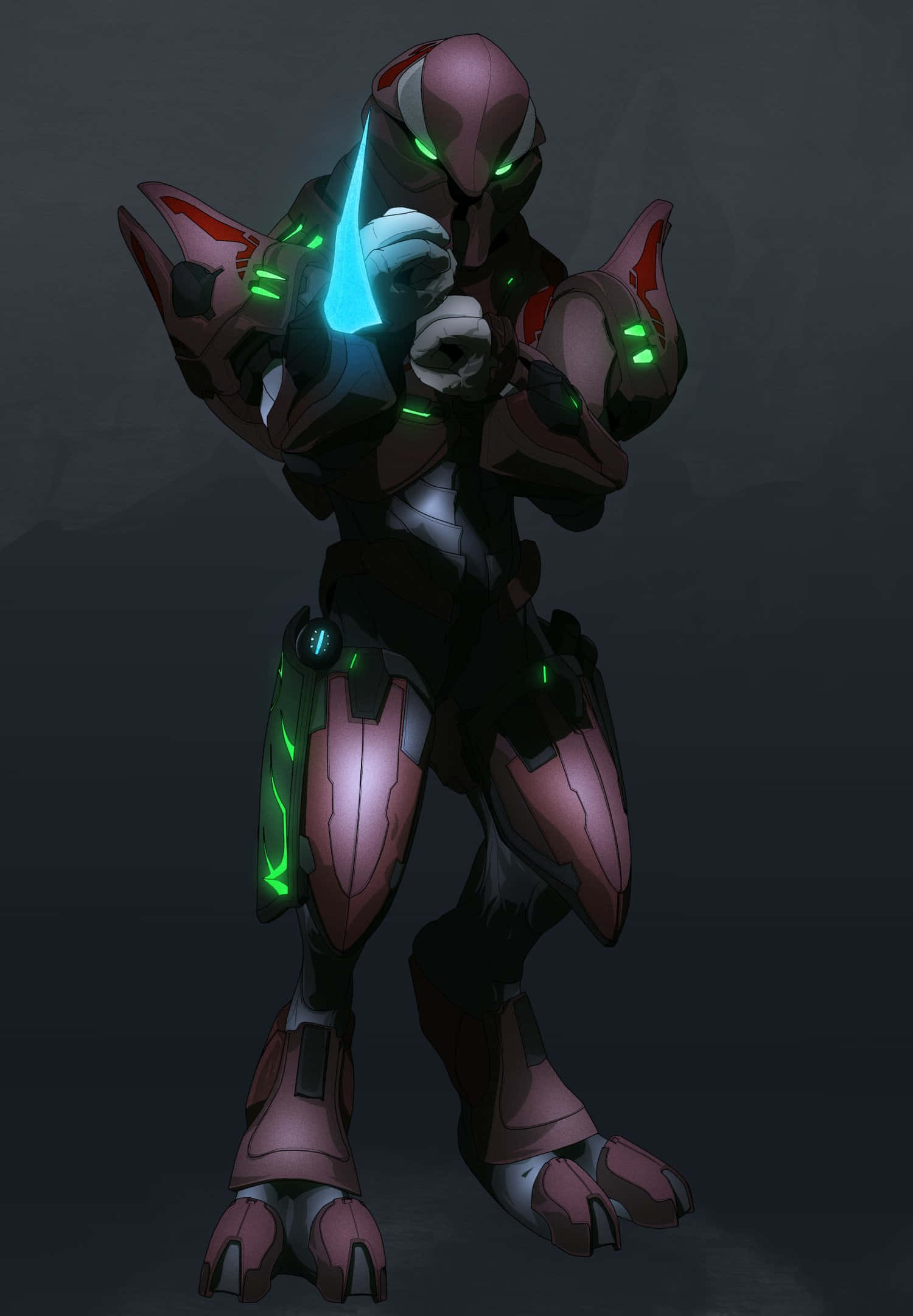 Sangheili 桌布 壁紙 — 一個未來風格的裝甲戰士，擁有發光的綠色眼睛和藍色能量刀，站在黑暗背景前。