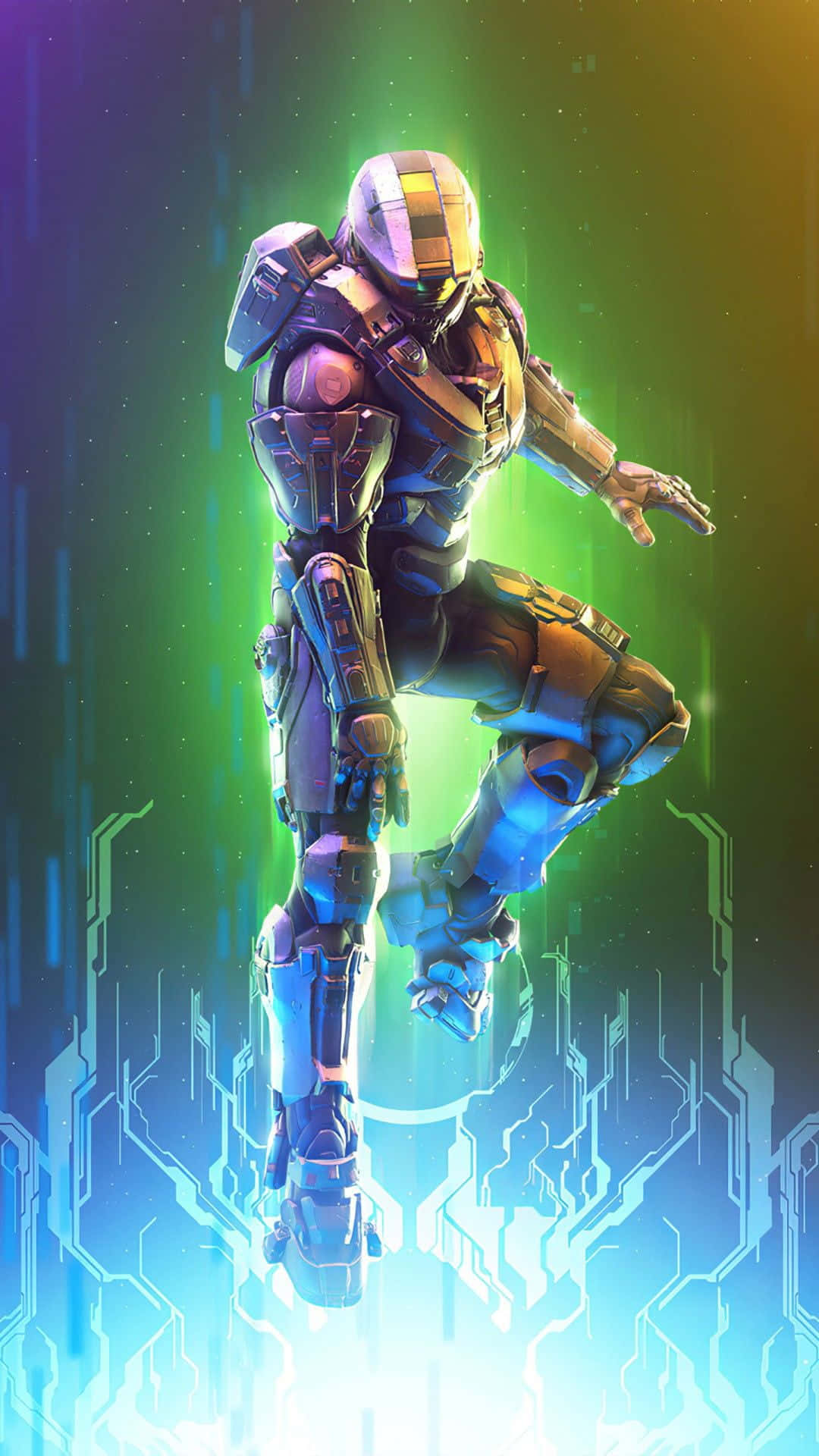 Halo 5 Blue Team 桌布 壁紙 — 一個未來風格的裝甲戰士在閃爍的霓虹賽博龐克背景下動態跳躍，帶有電光藍和綠色的光條。