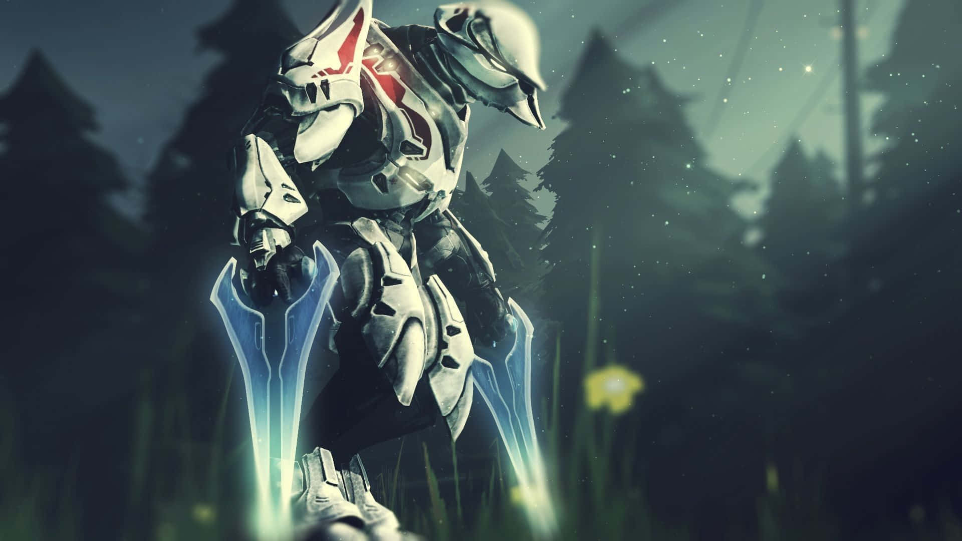 Halo Covenant 桌布 壁紙 — 一個未來風格的裝甲戰士站在迷霧森林中，在星空下手持發光的藍色刀刃。