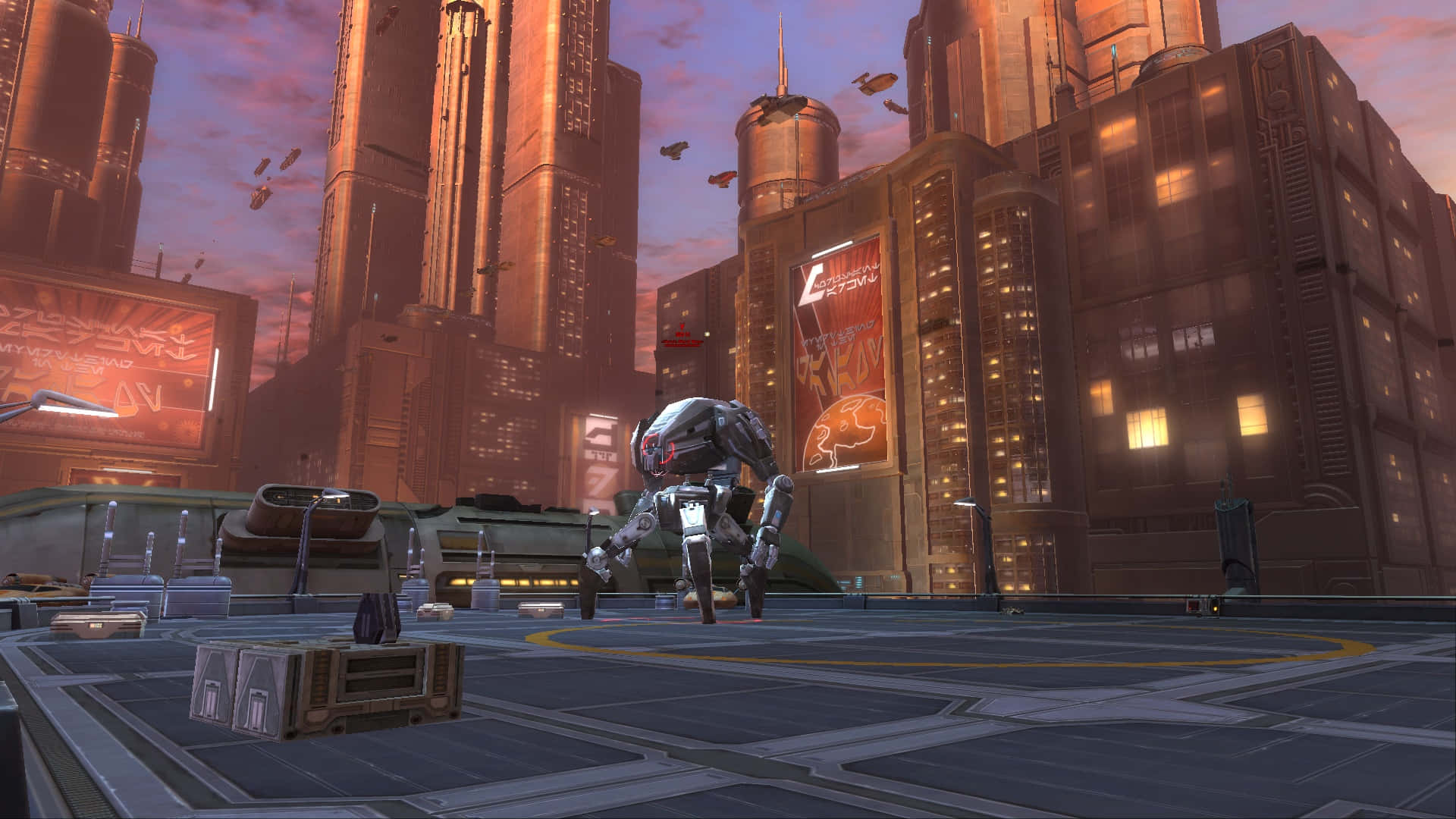 Coruscant 桌布 壁紙 — 一個未來風格的鉻合金機械人站在屋頂上，俯瞰著日落時分霓虹閃爍的賽博龐克城市。