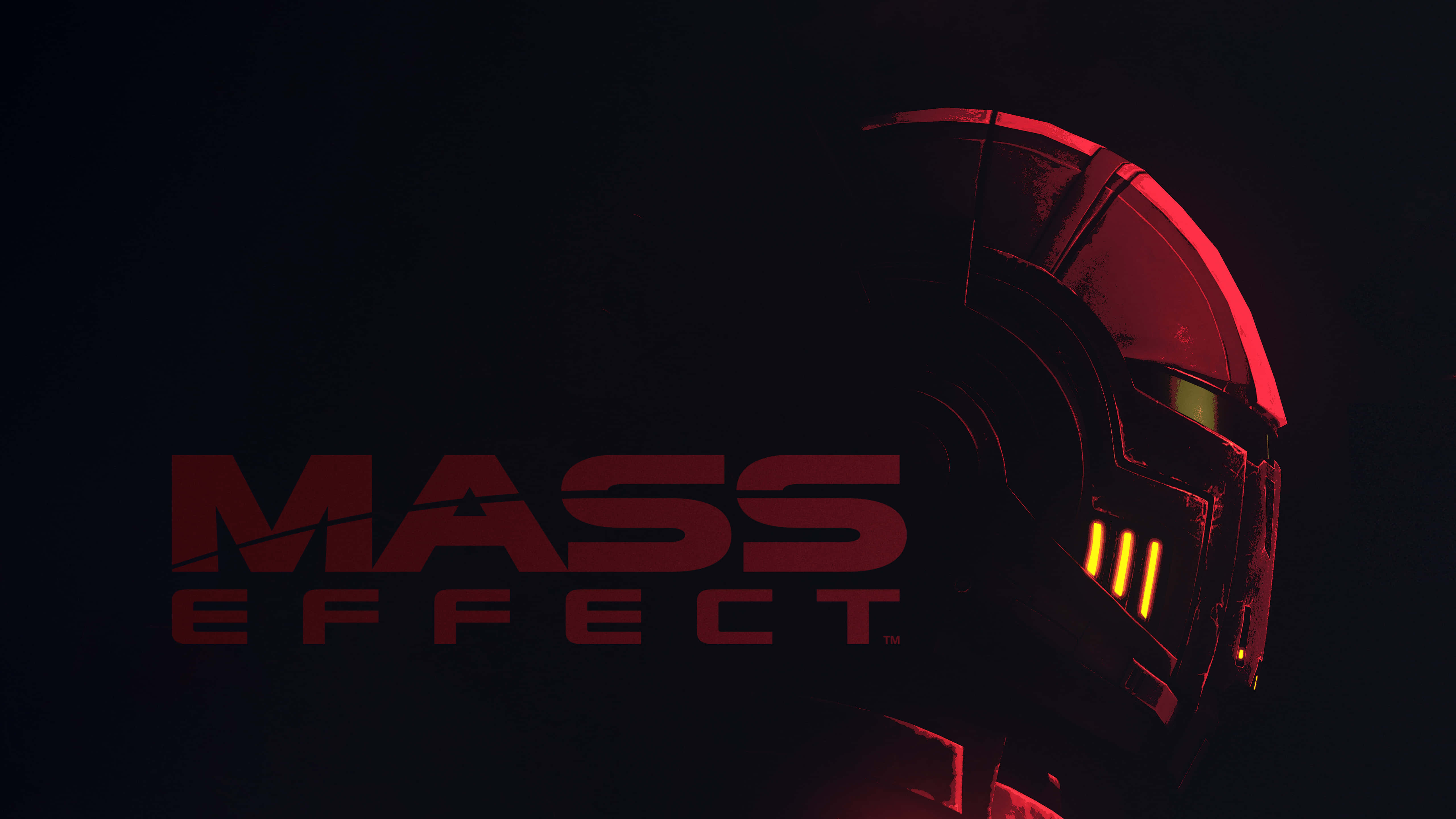 Mass Effect 2 桌布 壁紙 — 一個未來風格的頭盔在黑暗背景上發出紅黃光芒，並帶有Mass Effect標誌。