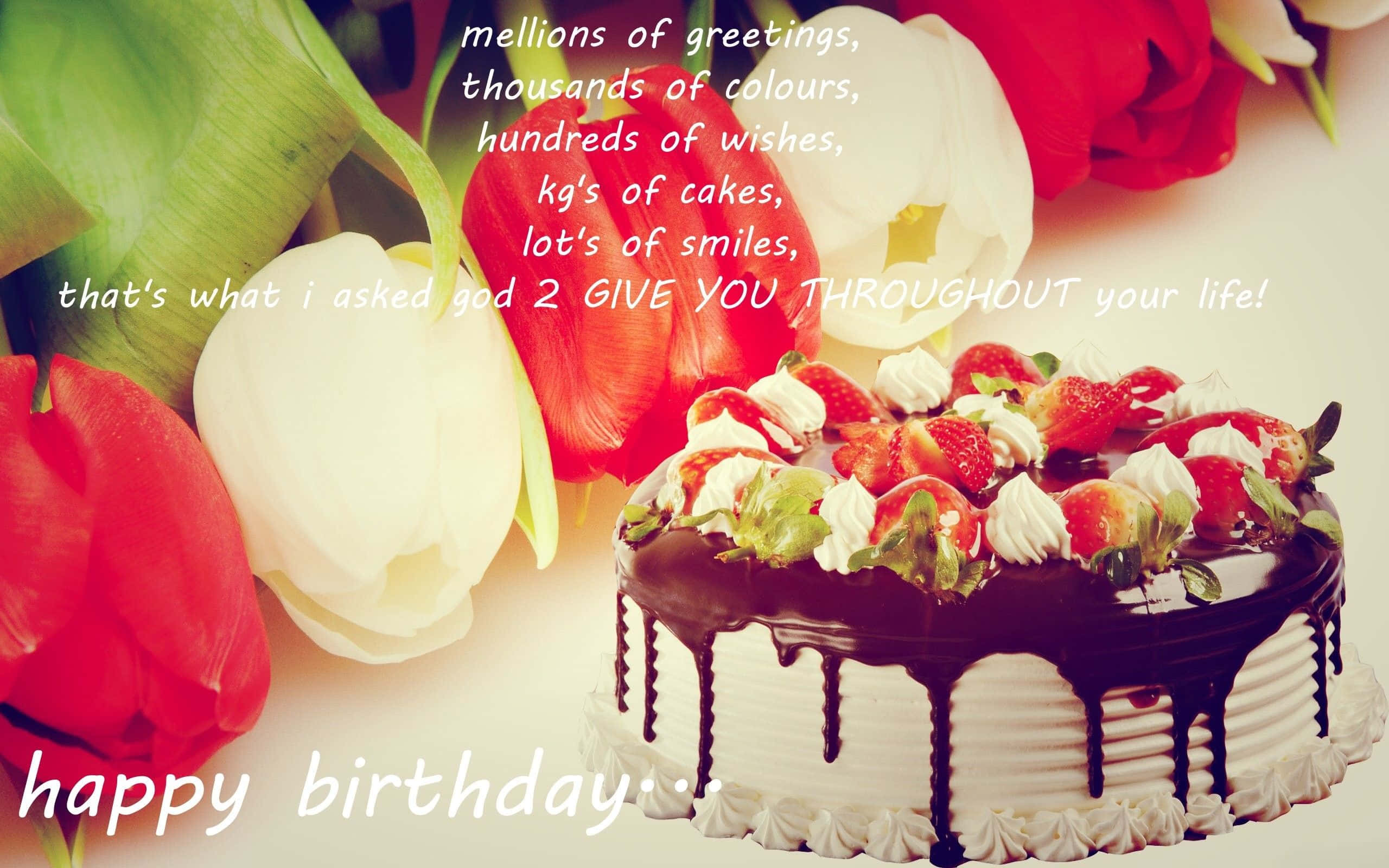 Birthday Wishes 桌布 壁紙 — 一個朱古力滴漏蛋糕，上面放滿草莓和忌廉，旁邊有紅白鬱金香和生日祝福語。