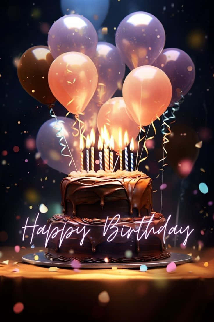  壁紙 — 一個朱古力生日蛋糕，上面有燃燒的蠟燭和色彩繽紛的氣球，在深色節日背景下飄浮。
