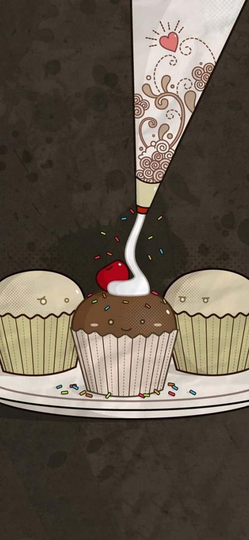 Cute Cupcake 桌布 壁紙 — 一個朱古力紙杯蛋糕正在用白色糖霜和櫻桃裝飾，而另外兩個紙杯蛋糕在旁觀看的奇思妙想插圖。