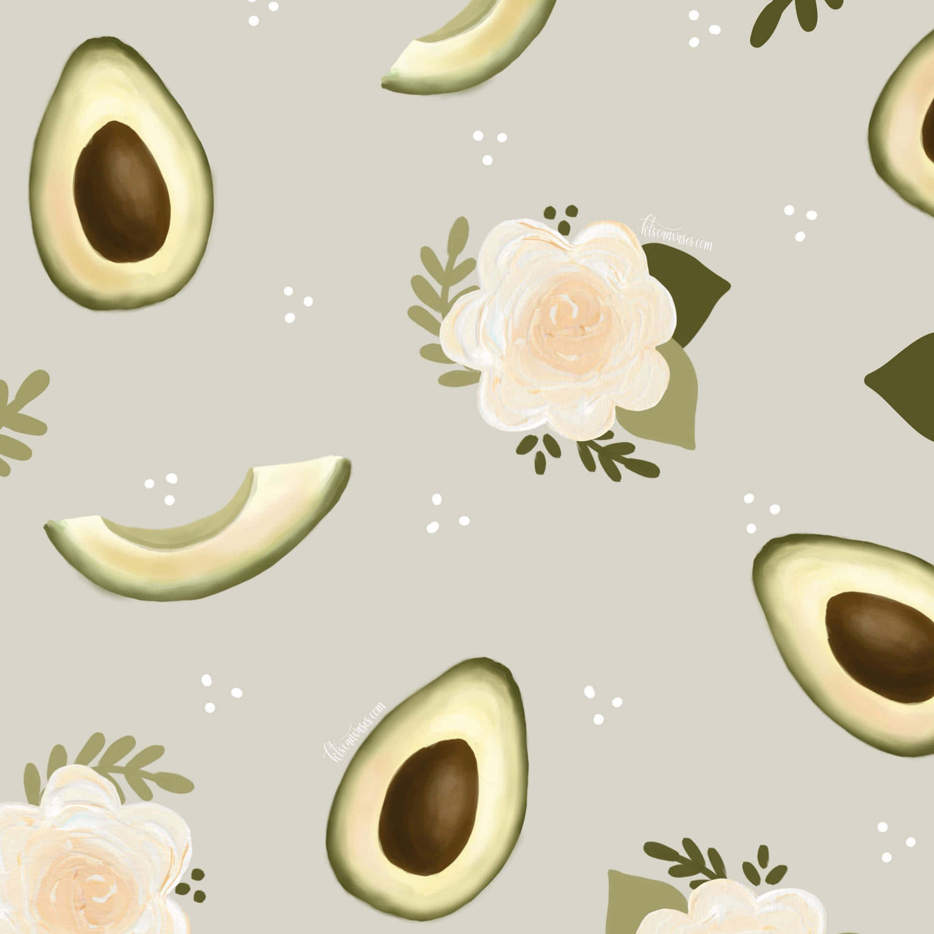 Cute Avocado 桌布 壁紙 — 一個柔和的粉彩圖案，包含切片牛油果和奶油玫瑰，配以綠色葉子，背景為米色。