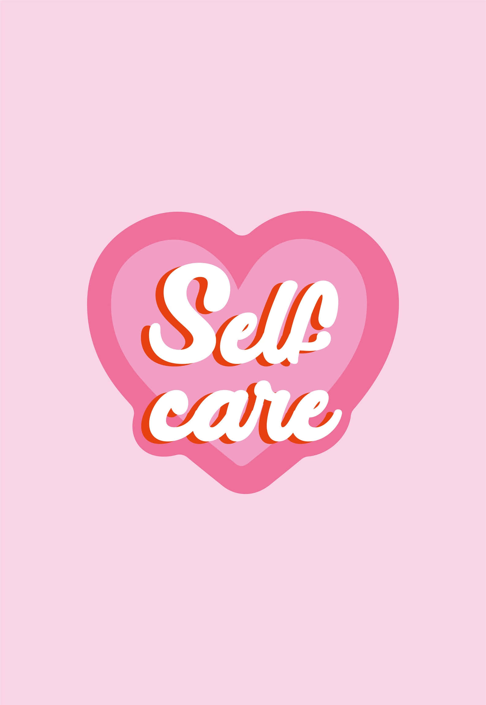 Brightening 桌布 壁紙 — 一個柔和粉紅色心形，上面有粗體白色 'Self care' 文字，以俏皮字體呈現，背景為粉彩色粉紅色。