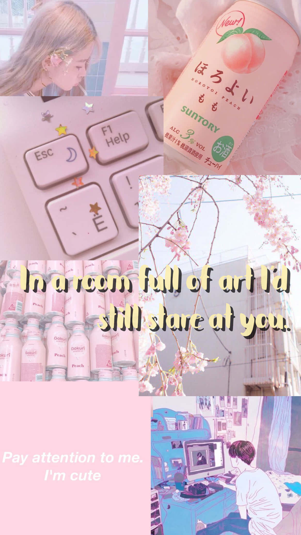 Kpop Kawaii 桌布 壁紙 — 一個柔和粉紅色的拼貼畫，包含一個戴著花朵髮夾的女孩、一杯蜜桃味飲品、櫻花，以及一個正在使用電腦的人。