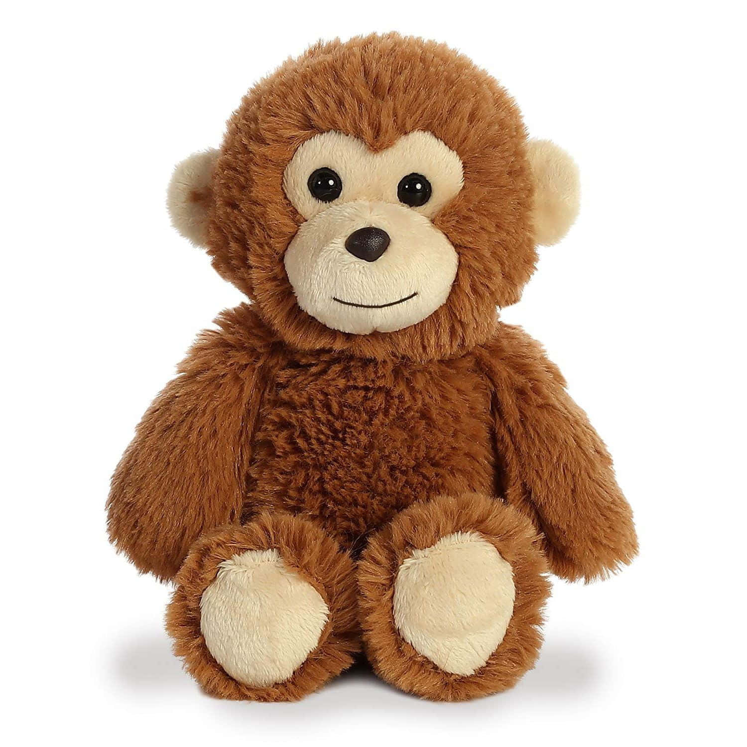 Cuddly 桌布 壁紙 — 一個柔軟的棕色毛絨猴子玩具，有奶油色的臉、手掌和黑色的鈕扣眼睛，直立坐在白色背景前。