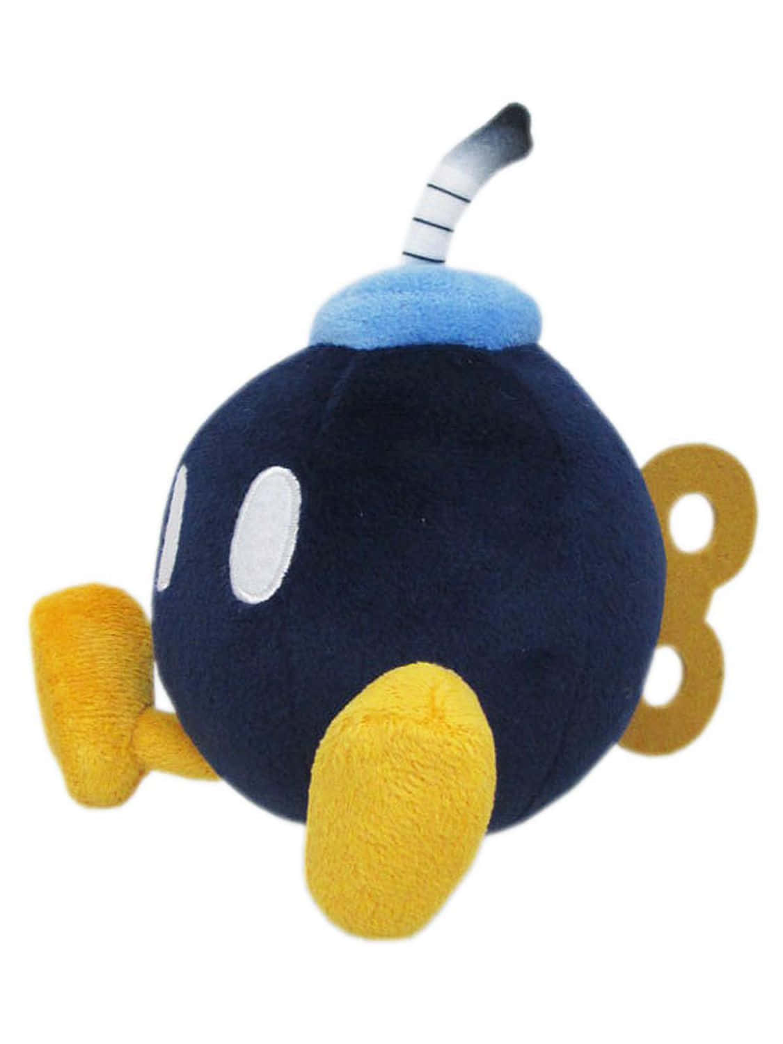 Bob-omb 桌布 壁紙 — 一個柔軟的毛絨玩具，形狀像卡通炸彈，有藍色頂部、白色眼睛、黃色腳和條紋引信。