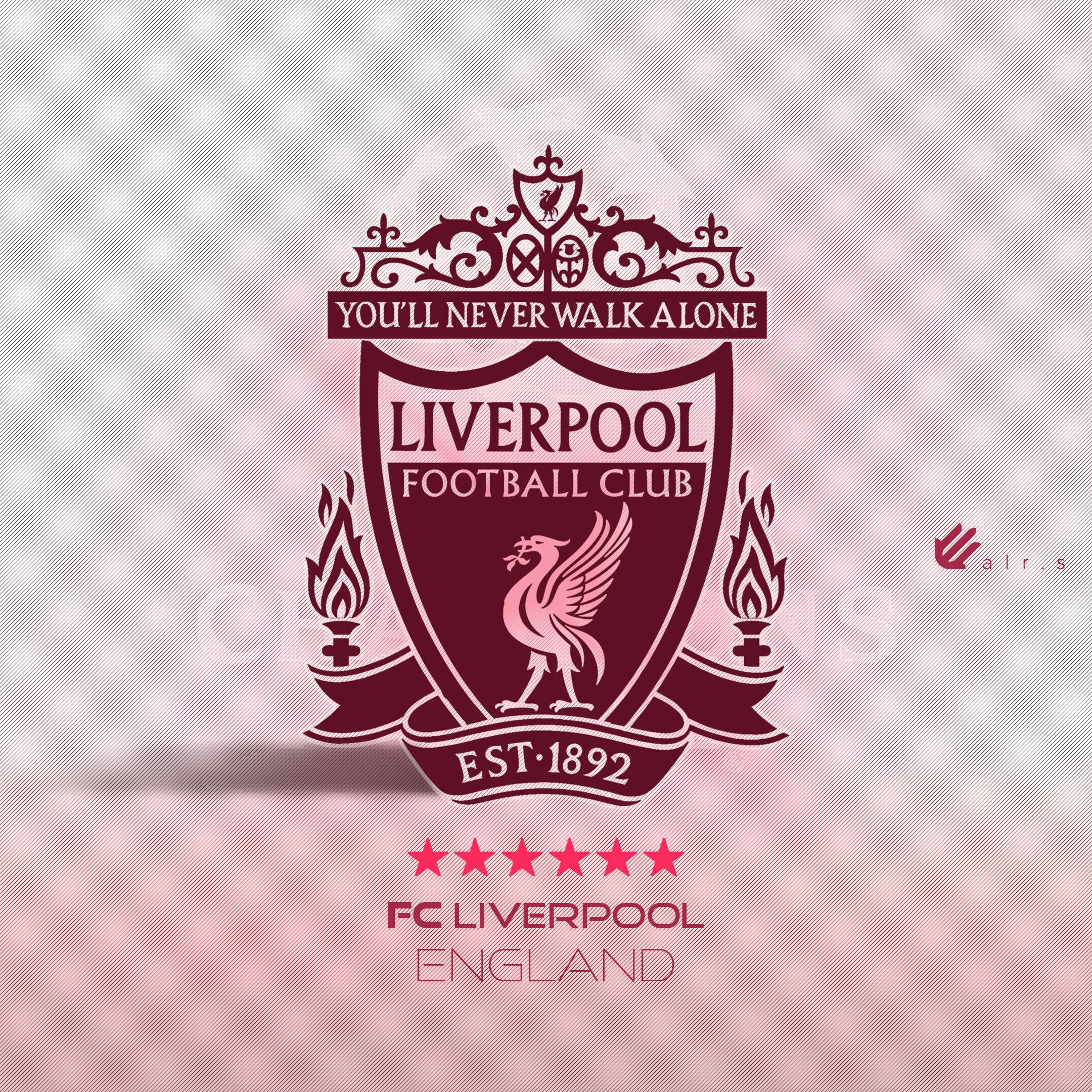 Liverpool Fc 桌布 壁紙 — 一個栗色利物浦足球會徽章，上面有粉紅色火烈鳥和火炬，背景為粉紅色漸變。