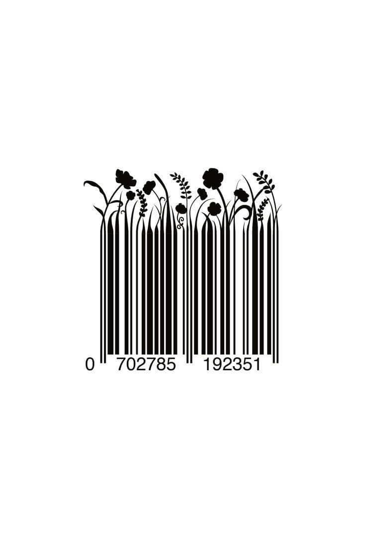 Barcode Scanning 桌布 壁紙 — 一個條碼被創意地轉化為花卉設計，以黑色花朵和葉子的剪影在白色背景上呈現。