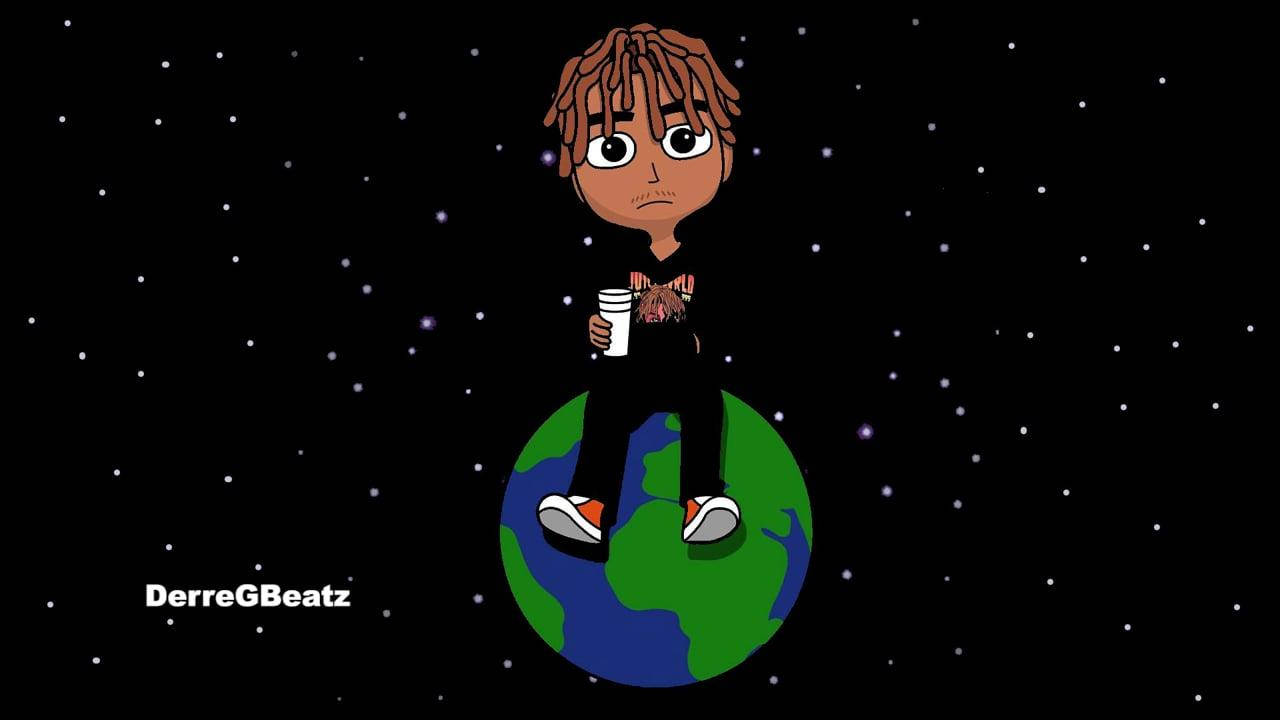 Juice WRLD 桌布 壁紙 — 一個梳著辮子的卡通人物坐在風格化的地球上，在星空背景下拿著咖啡杯。