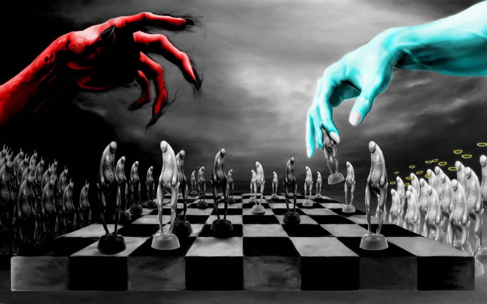 一個棋盤，兩隻手伸向國王 壁紙