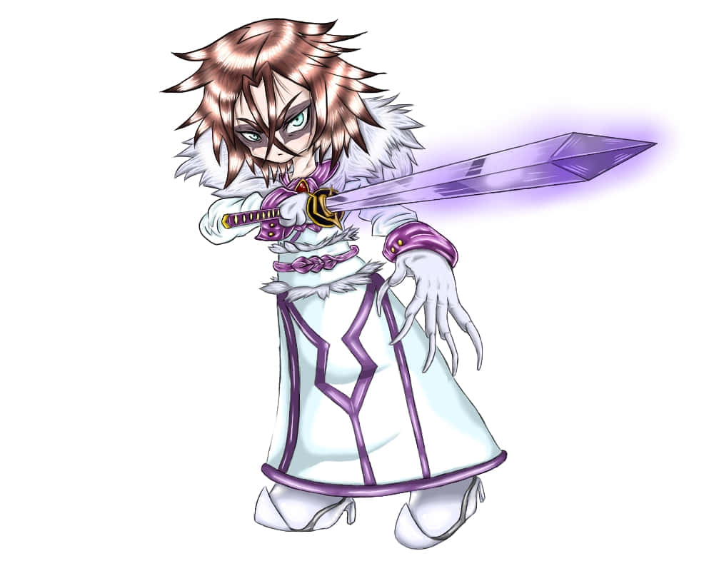 Bleach Muramasa 桌布 壁紙 — 一個棕色尖刺頭髮的Q版動漫戰士，以動態姿勢揮舞著發光的紫色劍。