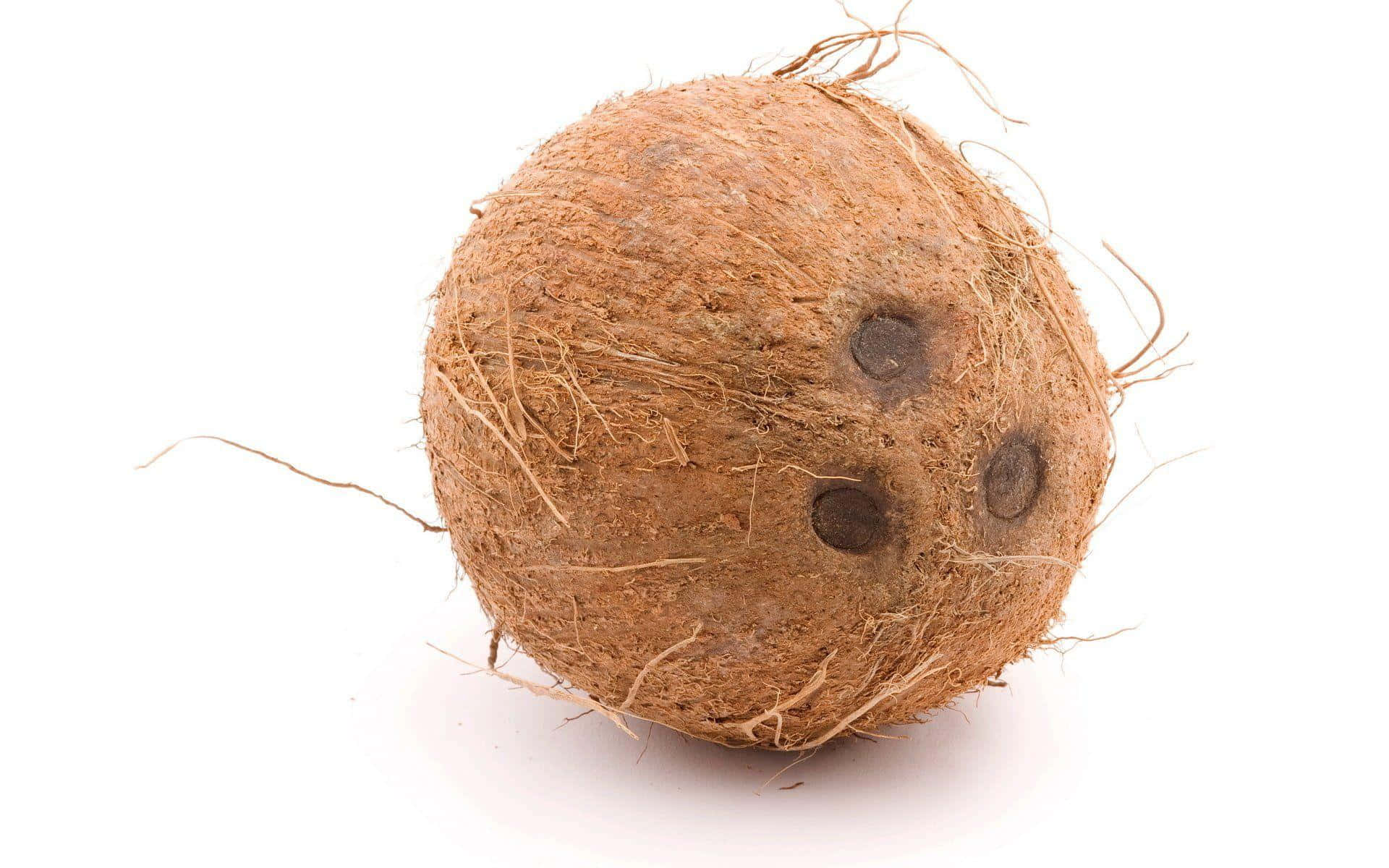 Coconut 桌布 壁紙 — 一個棕色椰子，帶有纖維外殼和三個深色眼睛狀的孔洞，孤立地放在純白色背景上。
