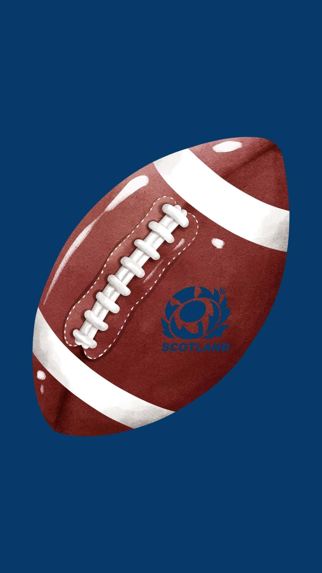 Scotland Rugby 桌布 壁紙 — 一個棕色蘇格蘭欖球嘅詳細插圖，有白色鞋帶同藍色徽章，背景係純海軍藍色。