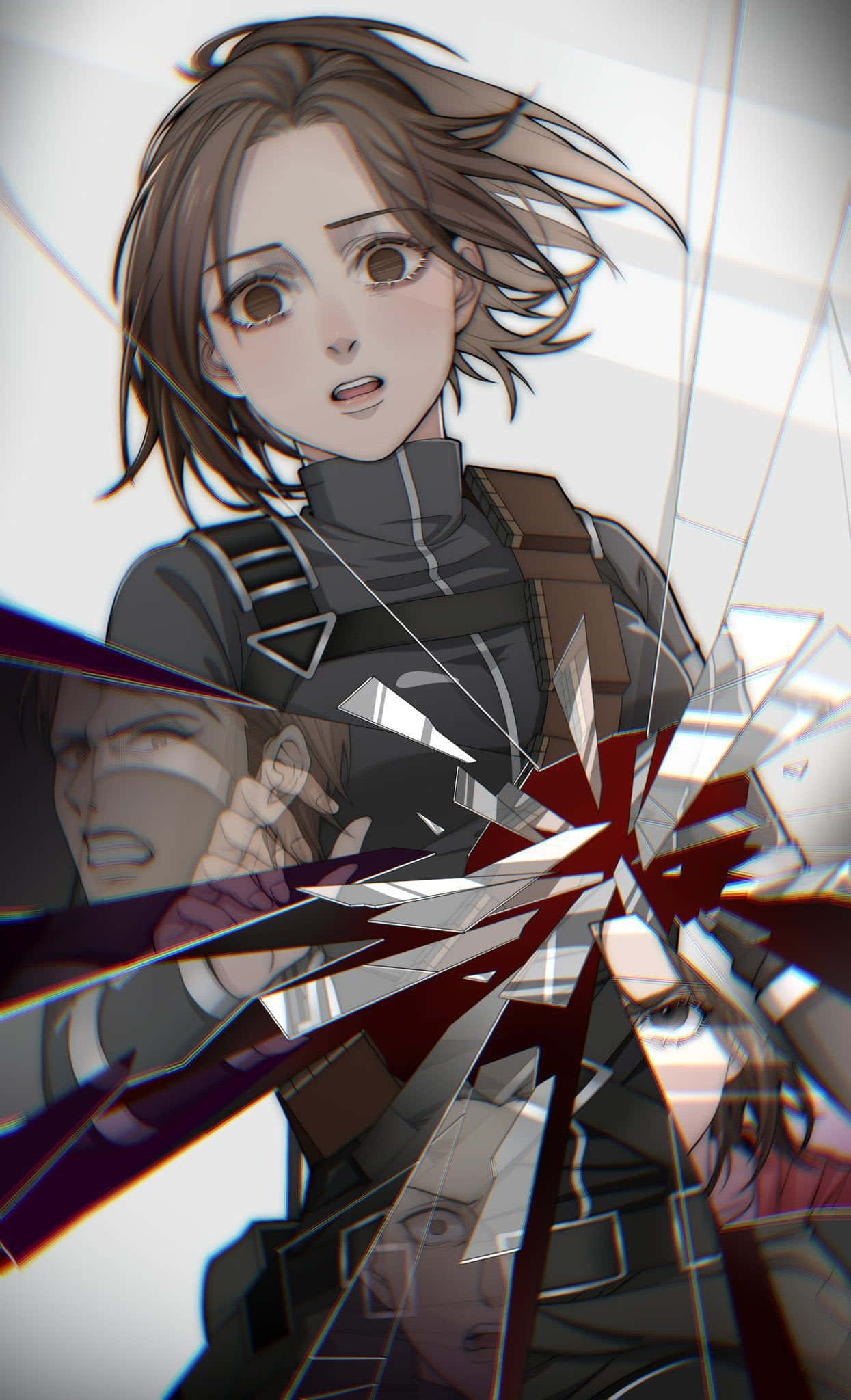 Sasha Blouse 桌布 壁紙 — 一個棕色頭髮、大眼睛的動漫女孩，透過破碎的玻璃凝視，玻璃後顯現出碎裂的面孔。