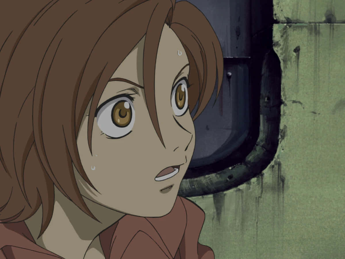 Wolf's Rain Toboe 桌布 壁紙 — 一個棕色頭髮、大眼睛的動漫女孩特寫，對著骯髒的綠色牆壁露出驚訝的表情。