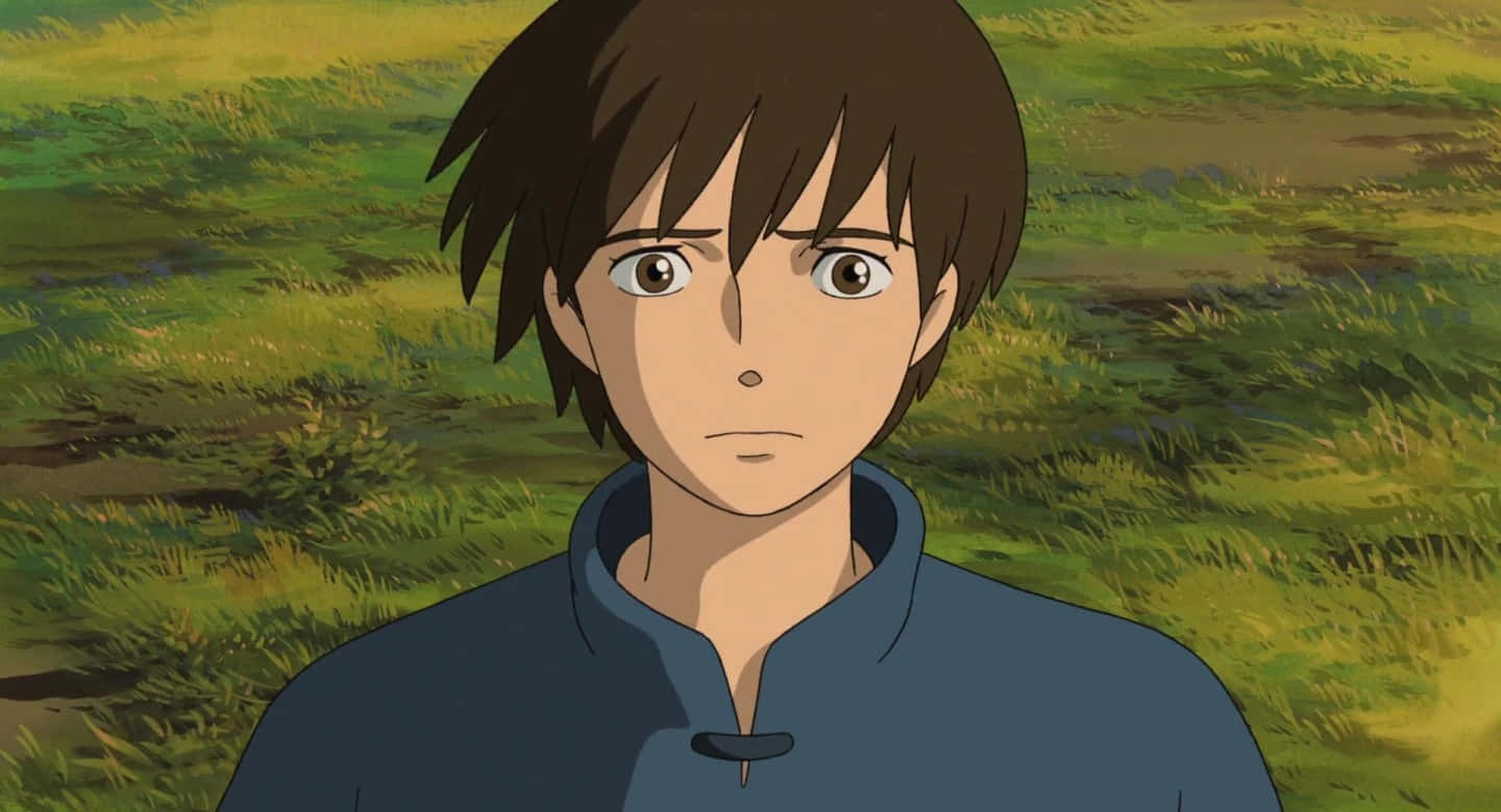 Tales From Earthsea 桌布 壁紙 — 一個棕色頭髮、大眼睛的年輕動漫男孩，穿著藍色束腰上衣，站在陽光照耀的草地上。