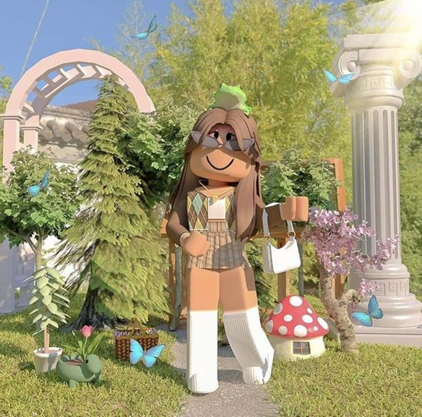 Roblox Gfx 桌布 壁紙 — 一個棕色頭髮、戴著太陽眼鏡的Roblox虛擬角色，站在一個有蝴蝶、蘑菇屋和古典柱子的陽光花園中。