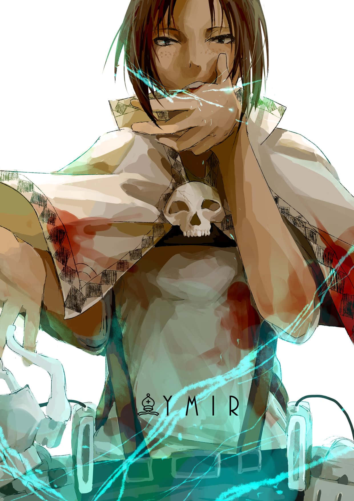 Ymir 桌布 壁紙 — 一個棕色頭髮、戴著骷髏吊墜的動漫角色，以動態姿勢握著發光的藍色能量。