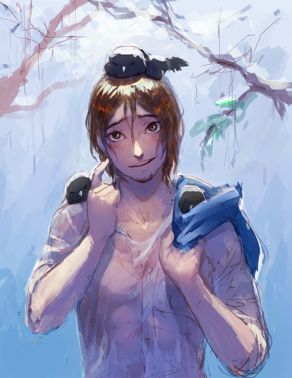 Asahi Azumane 桌布 壁紙 — 一個棕色頭髮、戴著黑色蝴蝶結的年輕動漫女孩站在光禿禿的樹枝下，肩上搭著一件藍色外套，背景是柔和的藍天。