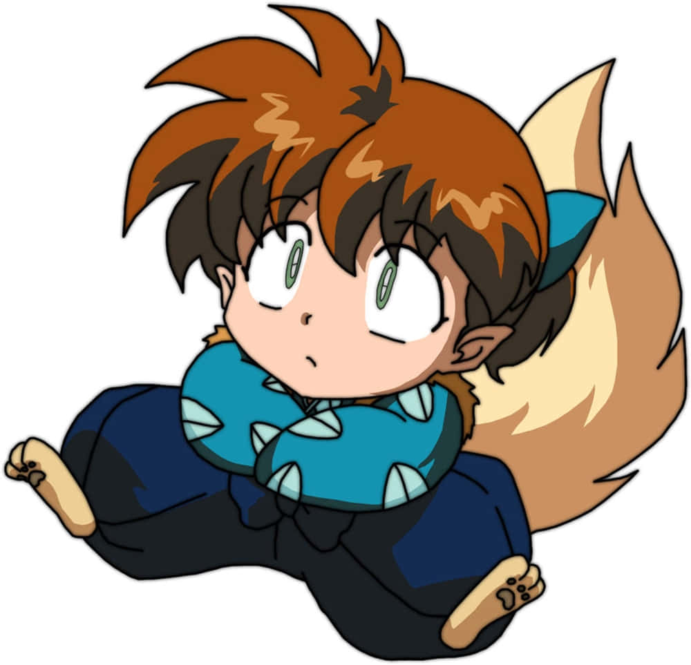 shippo 桌布 壁紙 — 一個棕色頭髮、綠色眼睛的Q版動畫狐狸男孩，戴著藍色尖刺項圈，穿著深藍色服裝，在半空中漂浮。