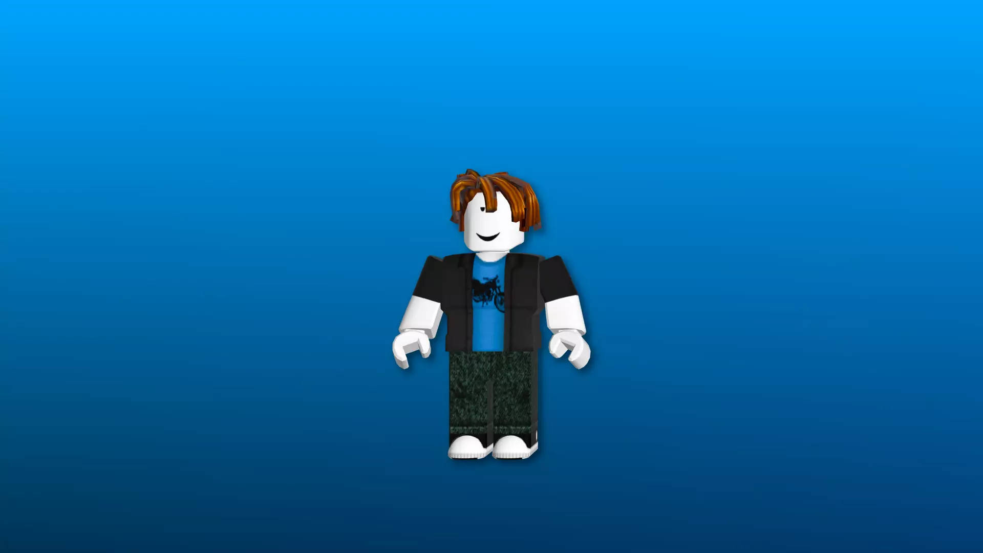 Roblox 桌布 壁紙 — 一個棕色頭髮、身穿黑色外套的 Roblox 虛擬角色，站在藍色漸變背景中央。
