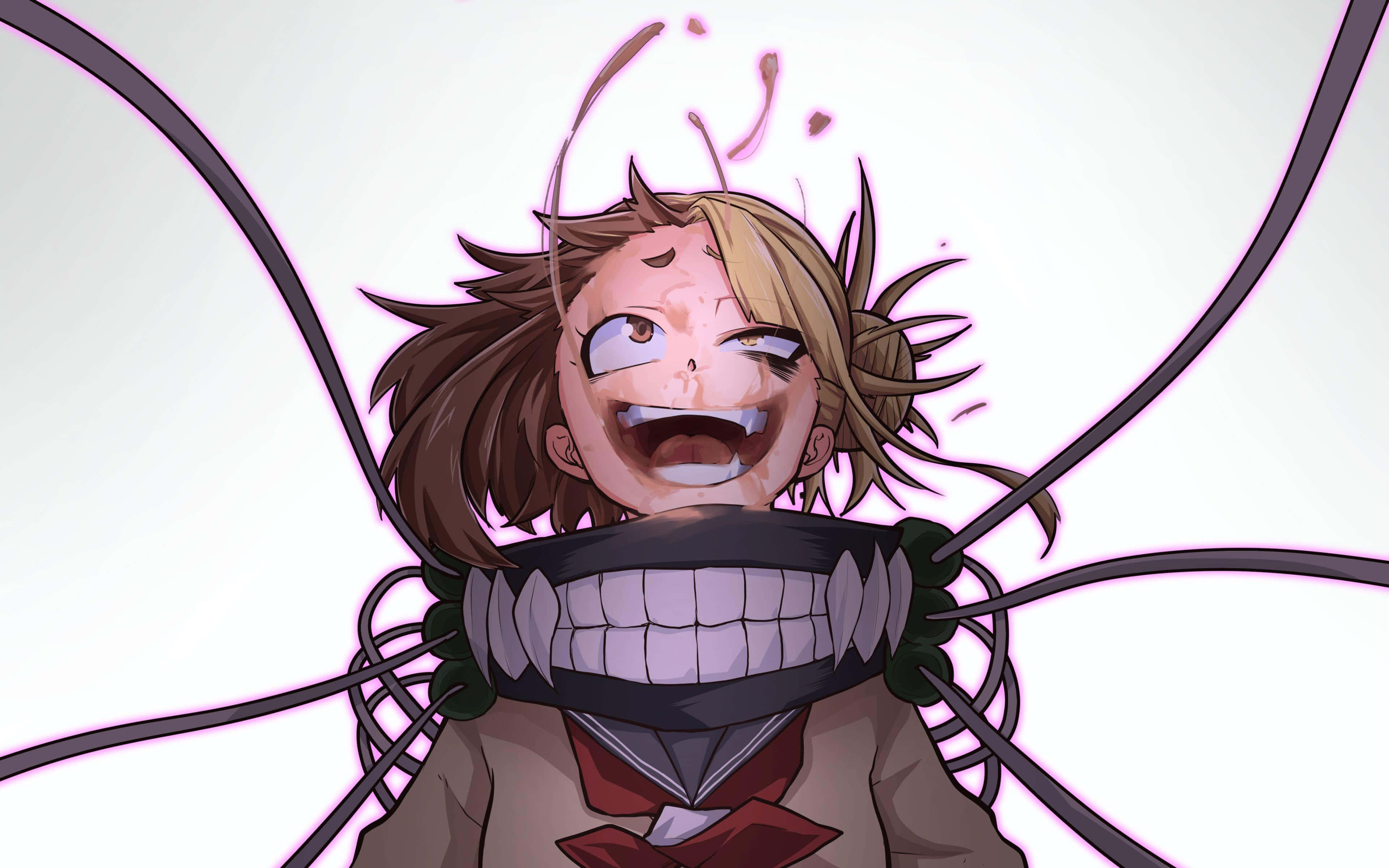 Toga 桌布 壁紙 — 一個棕色頭髮的動漫女孩，咧嘴大笑，被粗黑電纜綁在純白色背景上。