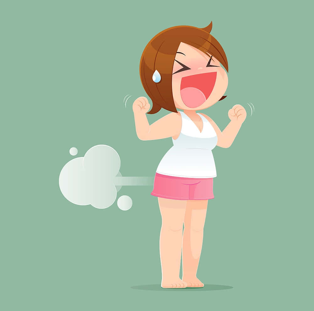 Fart 桌布 壁紙 — 一個棕色頭髮的卡通女孩穿著白色上衣和粉紅色短褲，在綠色背景前開心地放屁大笑。