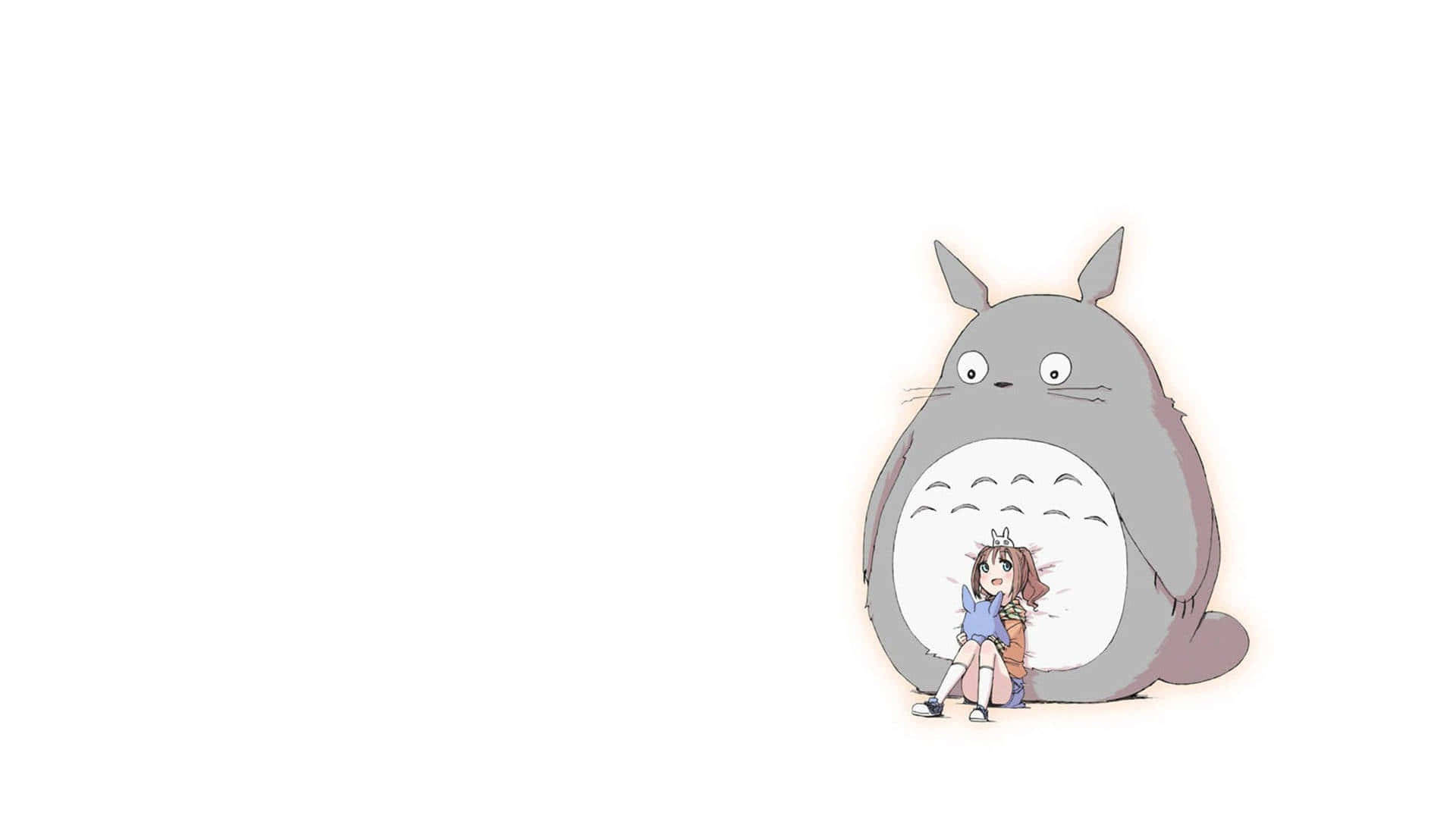 Cartoon Drawing 桌布 壁紙 — 一個棕色頭髮的小女孩坐在一隻巨大的灰色龍貓旁邊，背景是純白色。