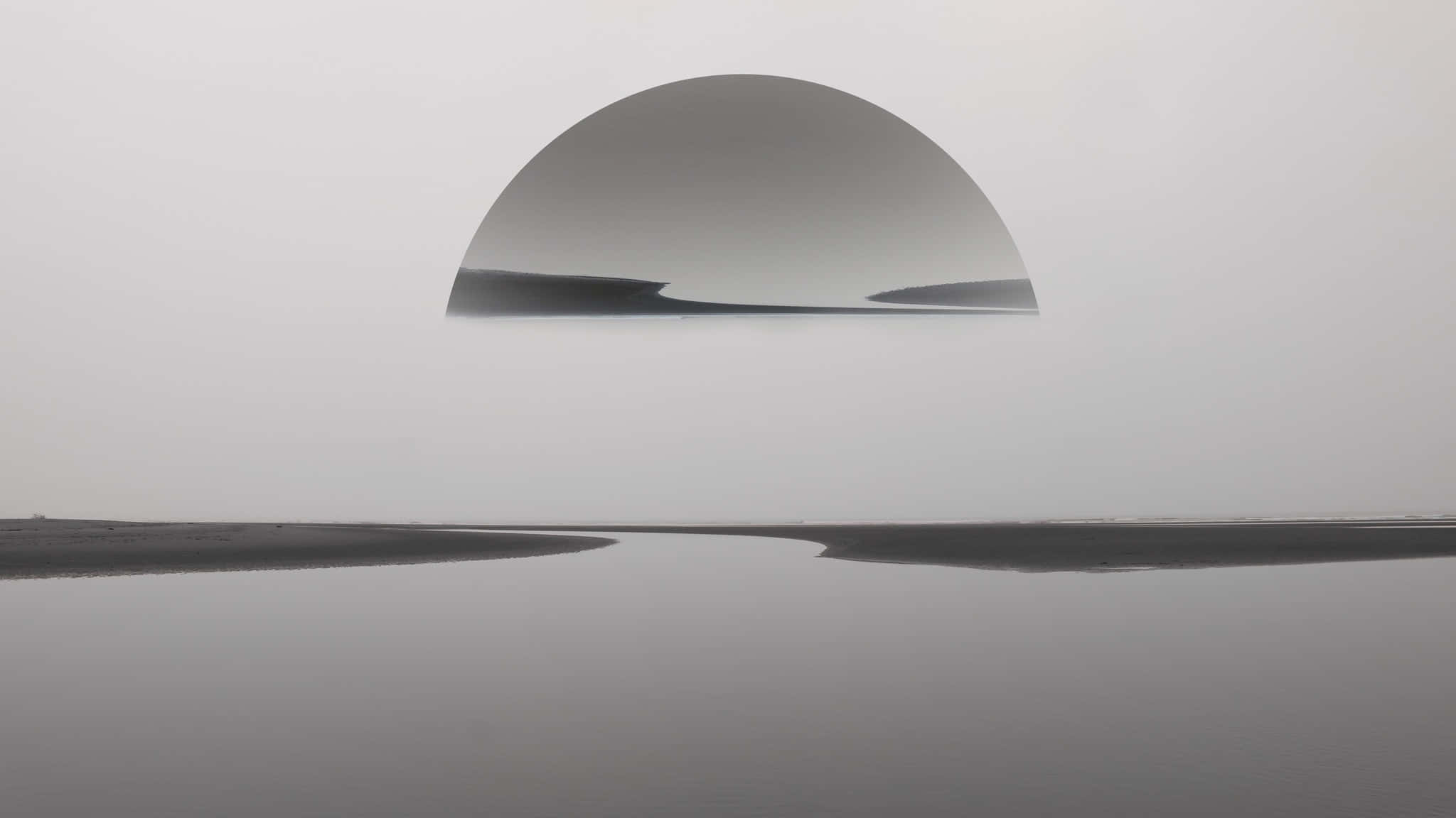 Minimalist Monochrome 桌布 壁紙 — 一個極簡主義的單色風景，特點是一個大型反射圓頂懸浮在平靜的水面上，遠處有陸地。