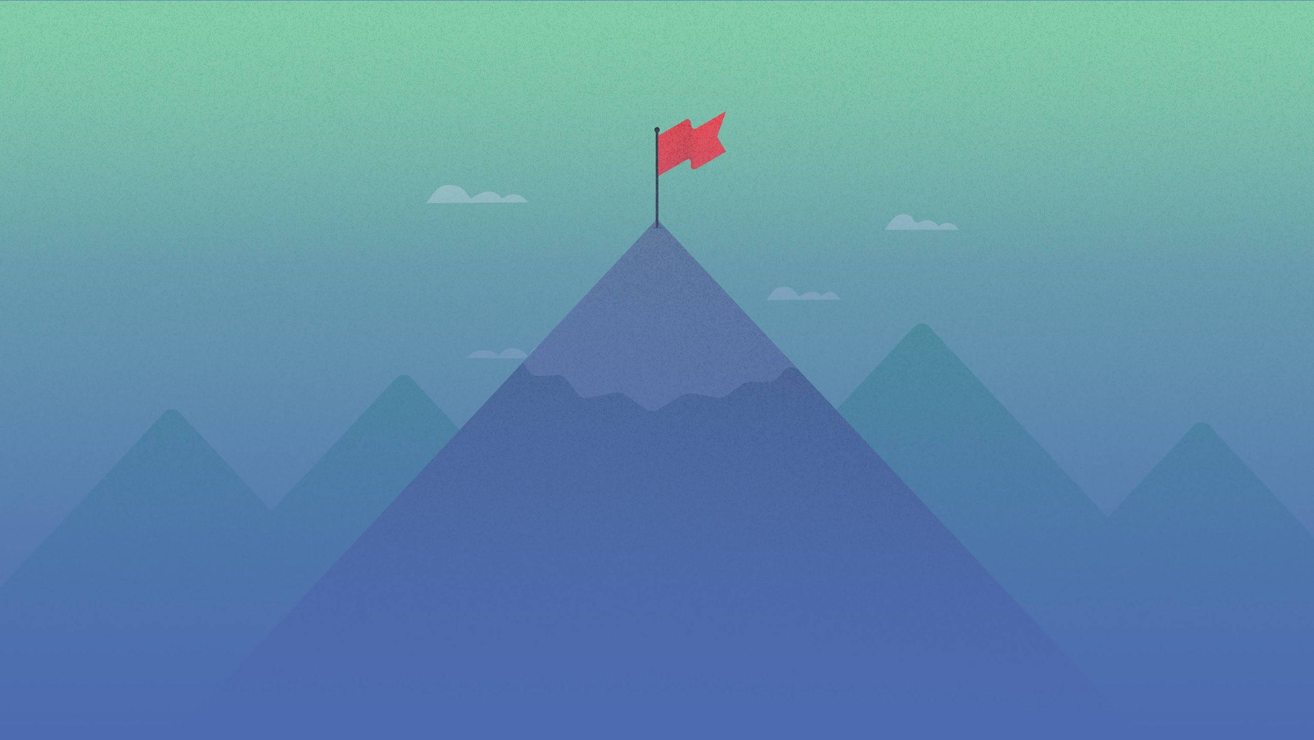 material desktop 桌布 壁紙 — 一個極簡主義的山峰，頂部有一面紅旗，背景是帶有柔和雲朵的漸變天空。