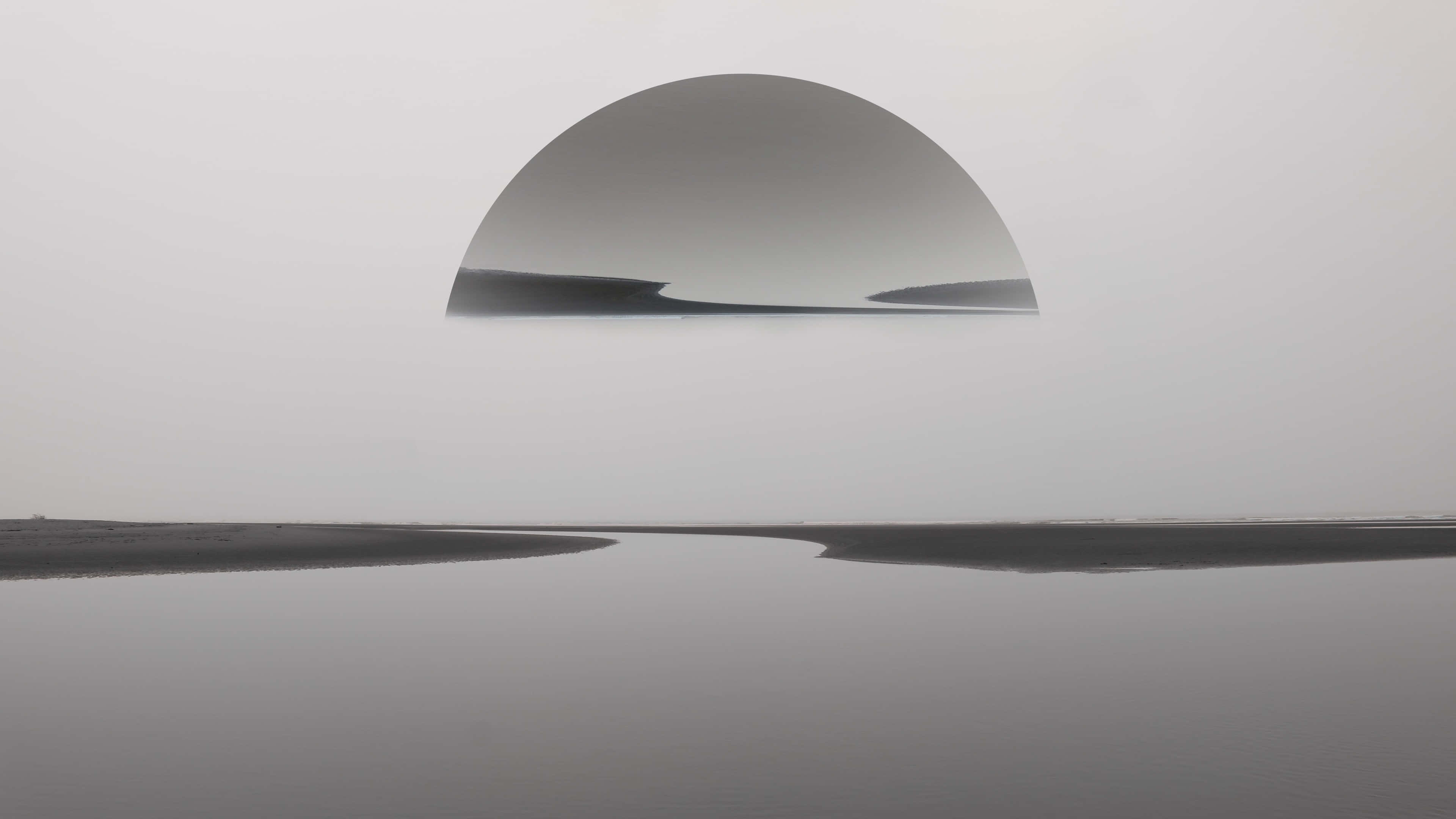 Minimalist Black And White 桌布 壁紙 — 一個極簡主義的黑白風景，一個巨大的反光穹頂懸浮在平靜的水面上，倒映著遠方的陸地。